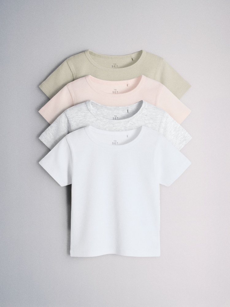 The Set 4 Pack Cropped Jersey Rib Short Sleeve T-Shirts Pink/Grey/Green/White - Image 1 of 6