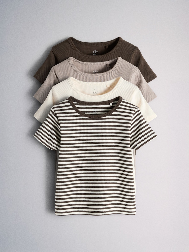 The Set 4 Pack Cropped Jersey Rib Short Sleeve T-Shirt Brown/Cream/Stripe - Image 1 of 6 The Set 4 Pack Cropped Jersey Rib Short Sleeve T-Shirt Brown/Cream/Stripe - Image 1 of 6