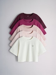 The Set 5 Pack Cropped Oversized T-Shirt with Embroidered Motif Pink/Purple/White - Image 2 of 13
