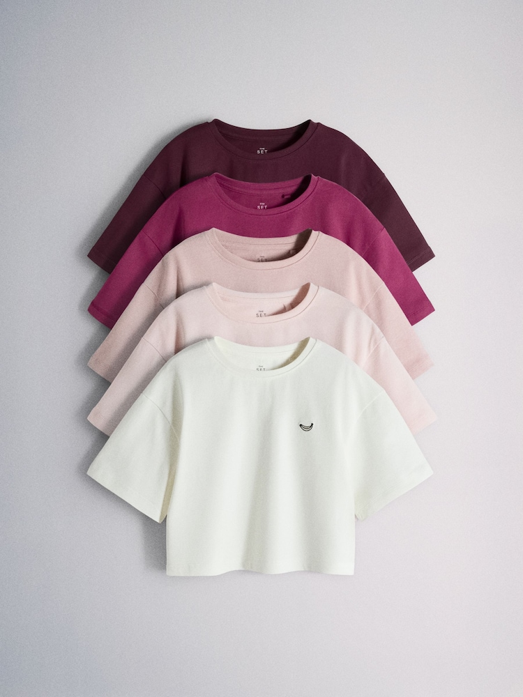 The Set 5 Pack Cropped Oversized T-Shirt with Embroidered Motif Pink/Purple/White - Image 2 of 13