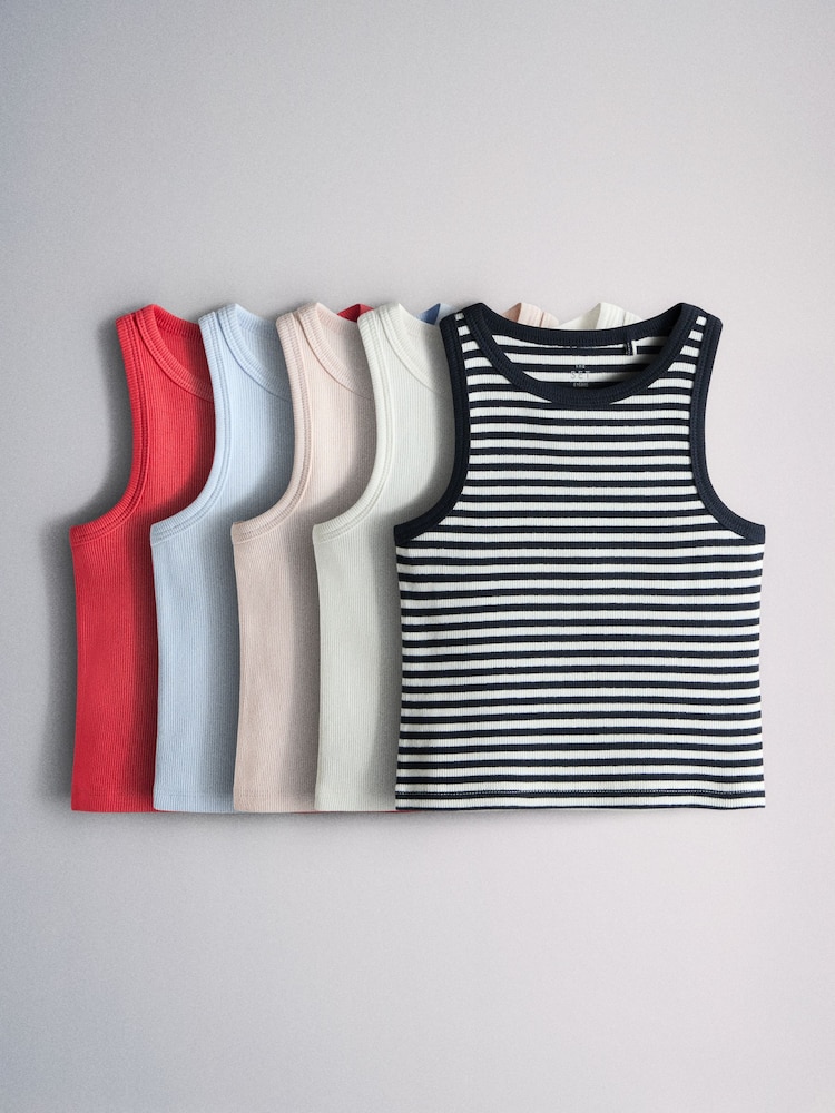The Set 5 Pack Cropped Rib Vests Red/Blue/Stripe/Pink/Cream - Image 2 of 12