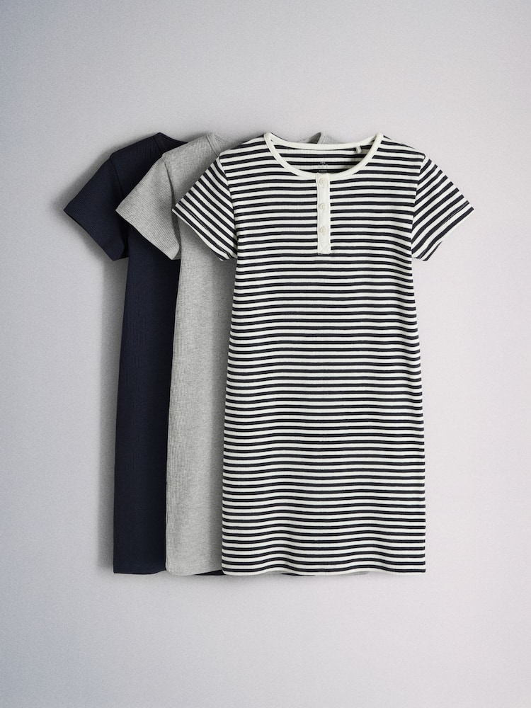 The Set 3 Pack Short Sleeve Rib Henley Dresses Blue/Grey/Stripe - Image 2 of 12