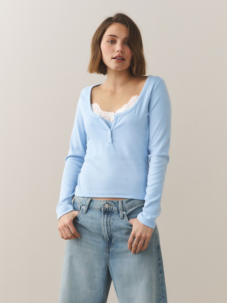 Blue Lace Trim Henley Long Sleeve Top - Image 1 of 5