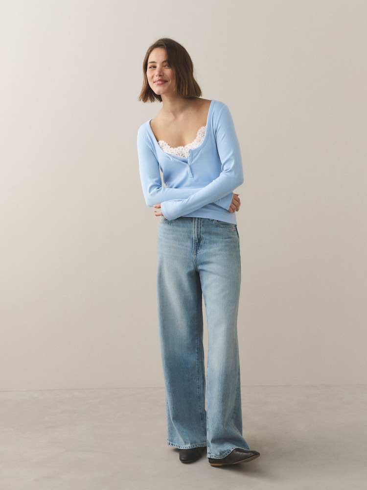 Blue Lace Trim Henley Long Sleeve Top - Image 2 of 5