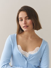 Blue Lace Trim Henley Long Sleeve Top - Image 5 of 5