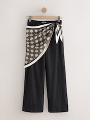Black with Scarf Smart Front Linen Blend Wide Leg Trousers - Image 6 of 9