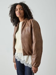 adidas Originals Brown Faux Leather Bomber Jacket - Image 1 of 7