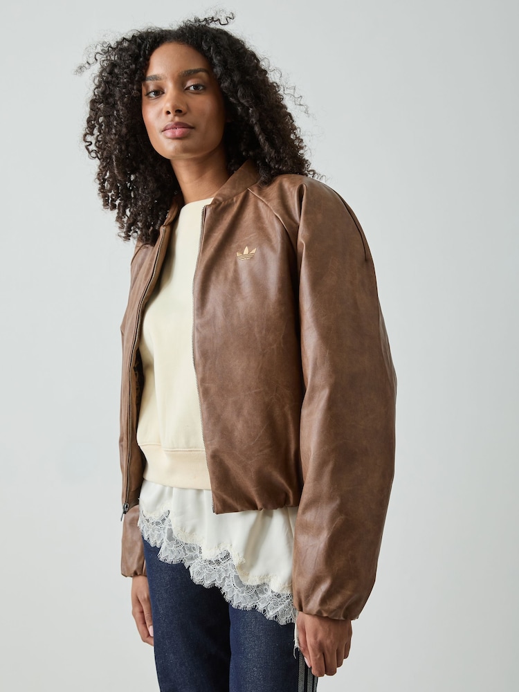 adidas Originals Brown Faux Leather Bomber Jacket - Image 1 of 7 adidas Originals Brown Faux Leather Bomber Jacket - Image 1 of 7