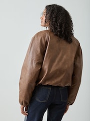 adidas Originals Brown Faux Leather Bomber Jacket - Image 2 of 7