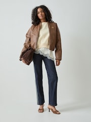 adidas Originals Brown Faux Leather Bomber Jacket - Image 3 of 7