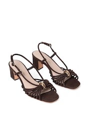 Loeffler Randall Brown Minna Suede Knotted Metallic Detail Block Heel Sandals - Image 4 of 6