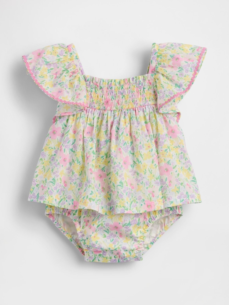Gap Pink Floral Smocked Flutter-Sleeve Bodysuit Dress (0-24mths) - Image 1 of 2
