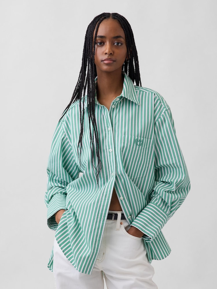 Gap Green Stripe Cotton Poplin Big Shirt - Image 1 of 5