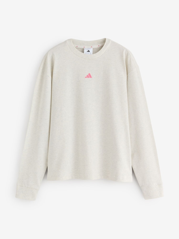 adidas White 3-Stripes Studio Graphic Oversize Long Sleeve Top - Image 1 of 1