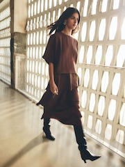 BHOEM Frill Flowy Short Sleeves Midi Brown Dress - Image 1 of 6