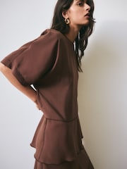 BHOEM Frill Flowy Short Sleeves Midi Brown Dress - Image 2 of 6