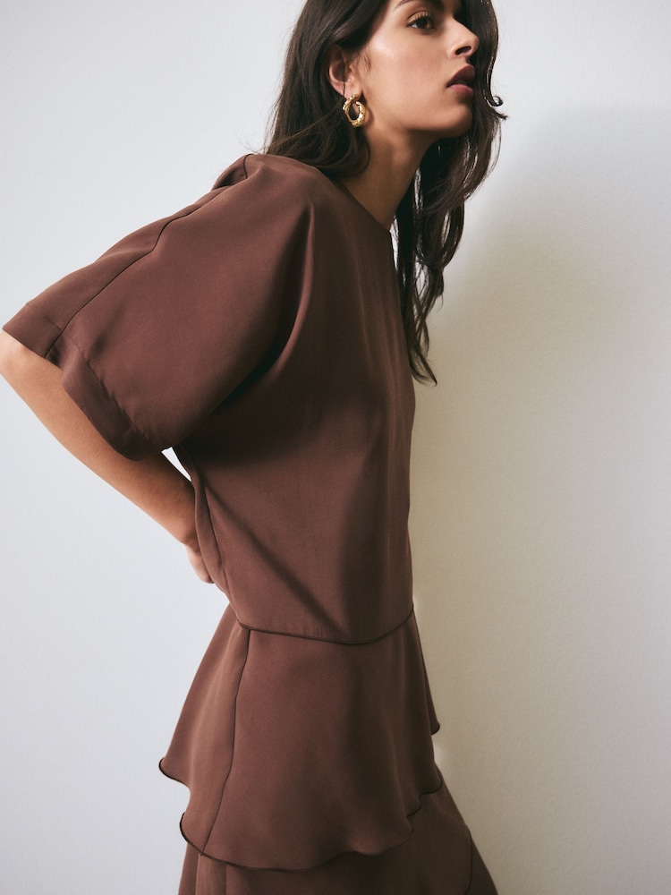 BHOEM Frill Flowy Short Sleeves Midi Brown Dress - Image 2 of 6