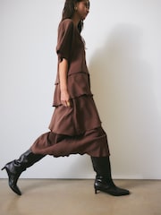 BHOEM Frill Flowy Short Sleeves Midi Brown Dress - Image 3 of 6