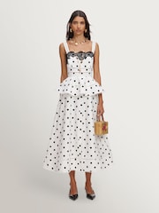 Self-Portrait White Polka Dot Linen Midi Dress - Image 1 of 4
