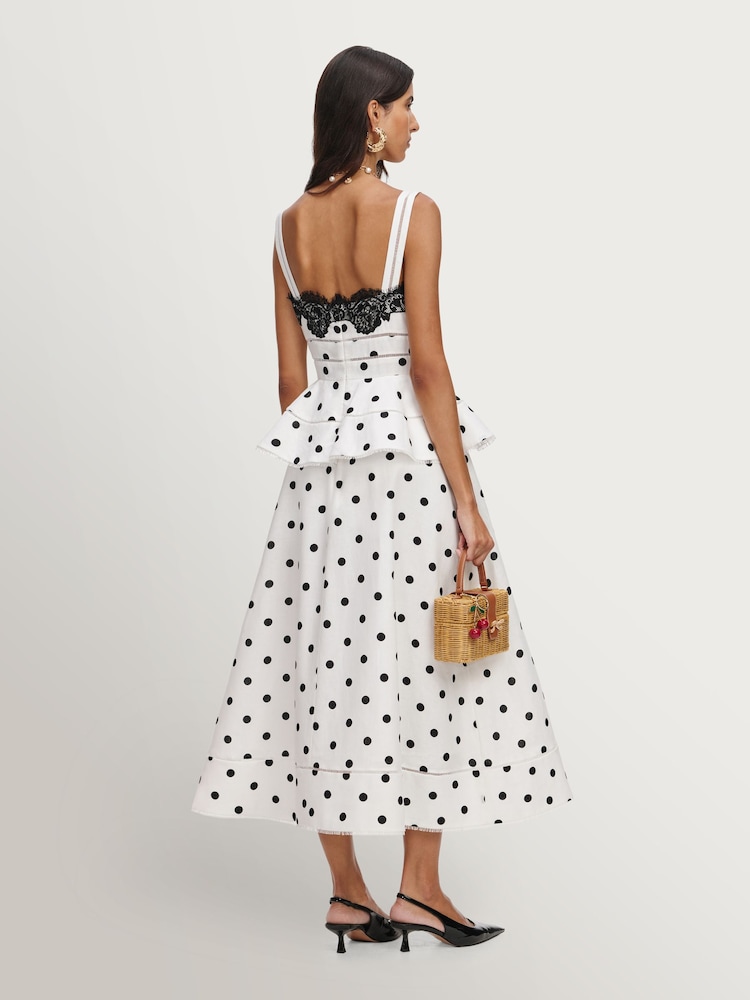 Self-Portrait White Polka Dot Linen Midi Dress - Image 2 of 4