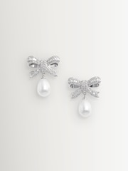 Self-Portrait Silver Tone Crystal Bow Pearl Droplet Earrings - Image 2 of 3