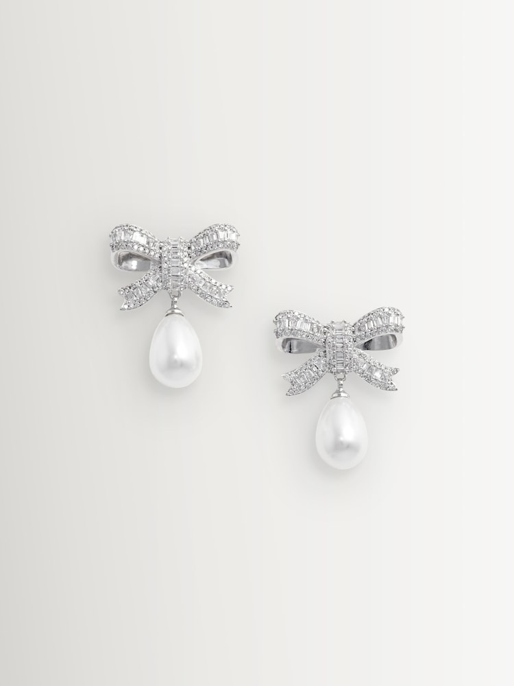 Self-Portrait Silver Tone Crystal Bow Pearl Droplet Earrings - Image 2 of 3 Self-Portrait Silver Tone Crystal Bow Pearl Droplet Earrings - Image 2 of 3