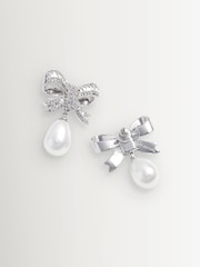 Self-Portrait Silver Tone Crystal Bow Pearl Droplet Earrings - Image 3 of 3