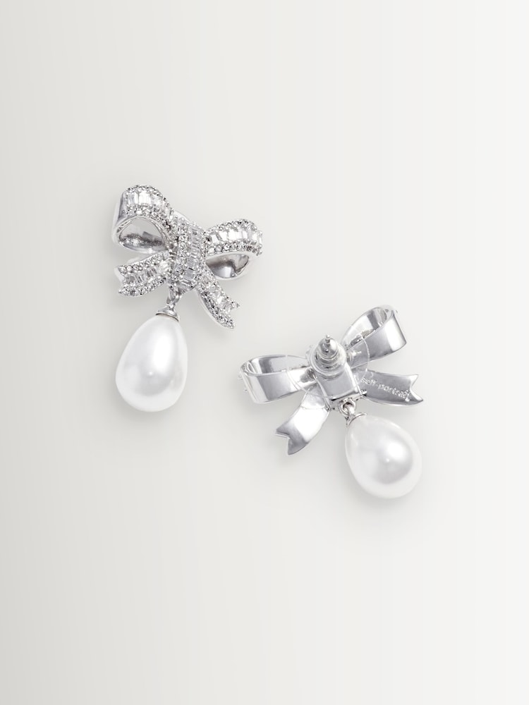 Self-Portrait Silver Tone Crystal Bow Pearl Droplet Earrings - Image 3 of 3 Self-Portrait Silver Tone Crystal Bow Pearl Droplet Earrings - Image 3 of 3