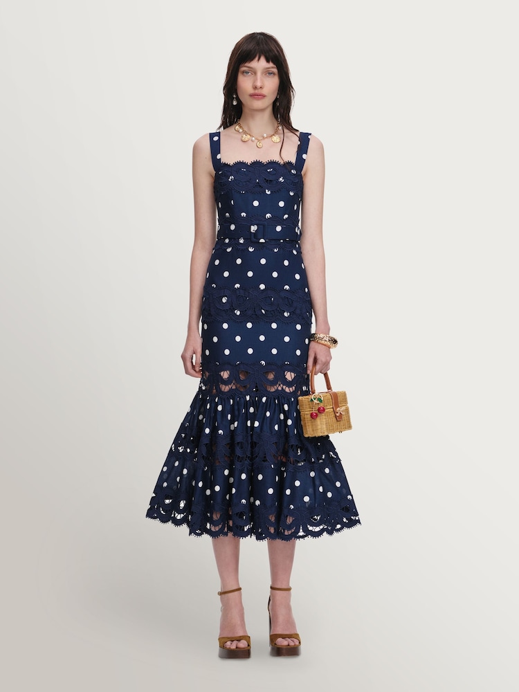 Self-Portrait Blue Polka Dot Linen Midi Dress - Image 1 of 4