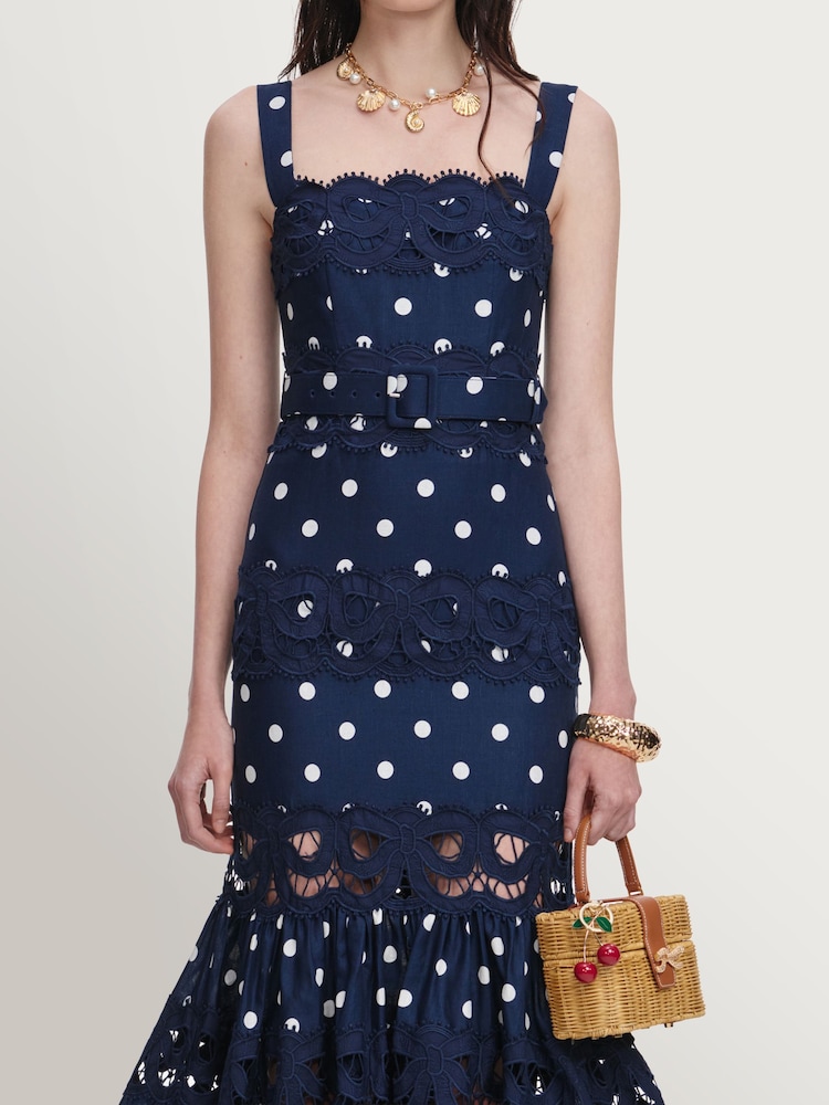 Self-Portrait Blue Polka Dot Linen Midi Dress - Image 5 of 5