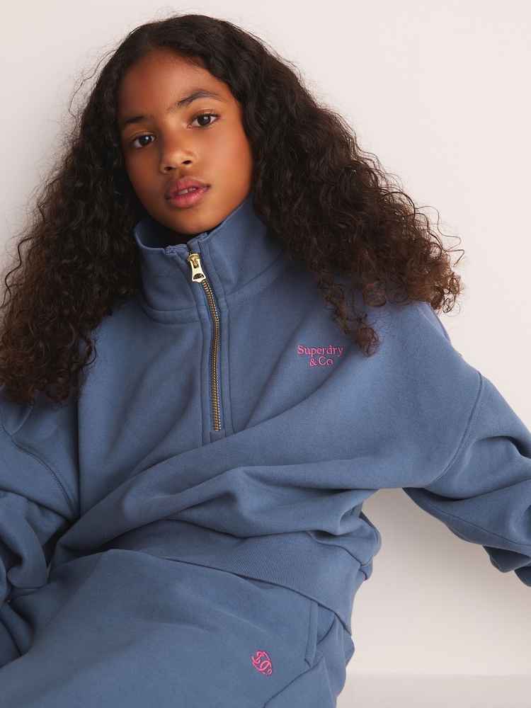 Superdry Blue Half Zip Sweatshirt and Wide Leg Joggers Set - Image 2 of 14 Superdry Blue Half Zip Sweatshirt and Wide Leg Joggers Set - Image 2 of 14