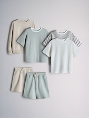 The Set 6 Piece Jersey Crew Short Sleeve Oversized T-Shirt and Shorts Set Green/White/Brown - Image 1 of 15