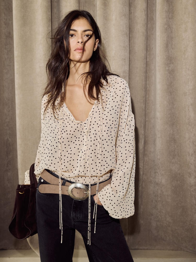 BHOEM Ecru Polka Dots Fluid V-Neckline Blouse - Image 1 of 5