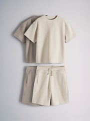The Set 2 Pack Jersey Rib Short Sleeve Crew T-Shirt, Trophy Neck and Short Set Brown/Cream - Image 1 of 6