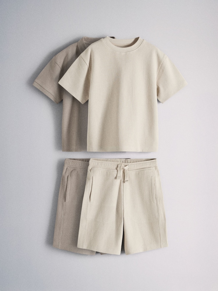 The Set 2 Pack Jersey Rib Short Sleeve Crew T-Shirt, Trophy Neck and Short Set Brown/Cream - Image 1 of 6