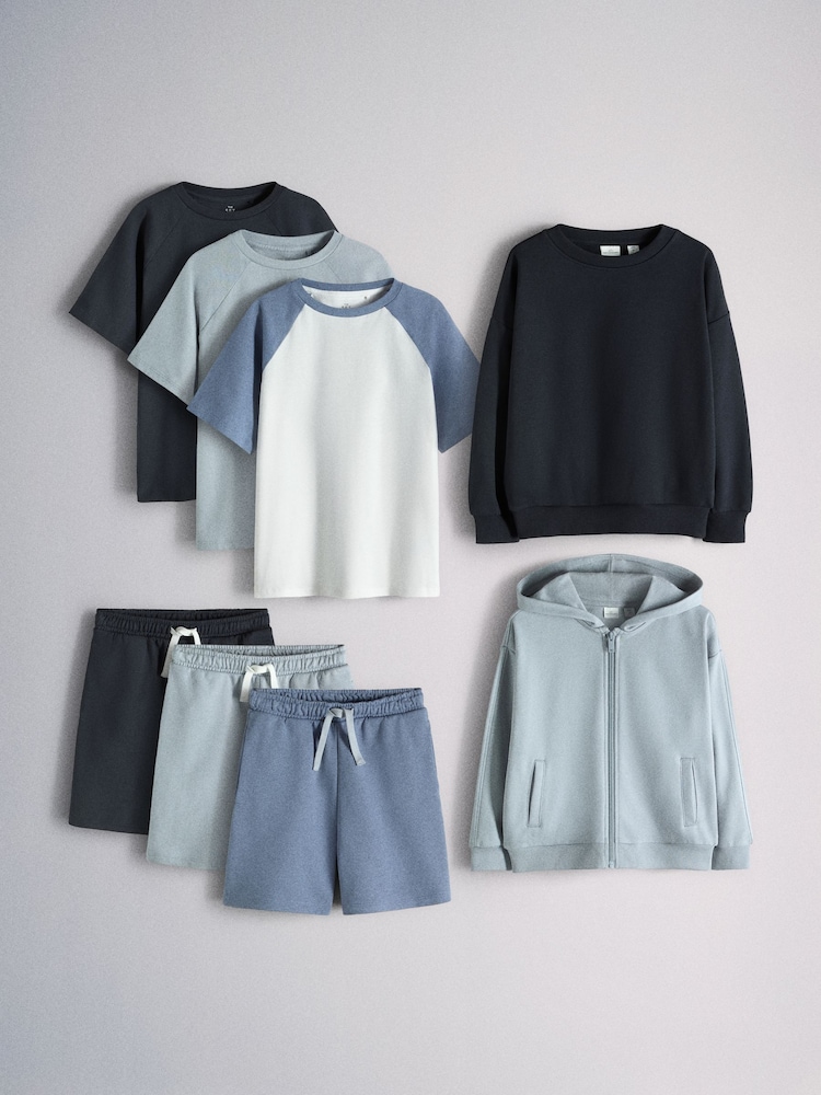 The Set 8 Piece Jersey Zip Through Hoody Crew Joggers Shorts and Short Sleeve Oversized T-Shirt Set Blue/Navy/White - Image 1 of 19