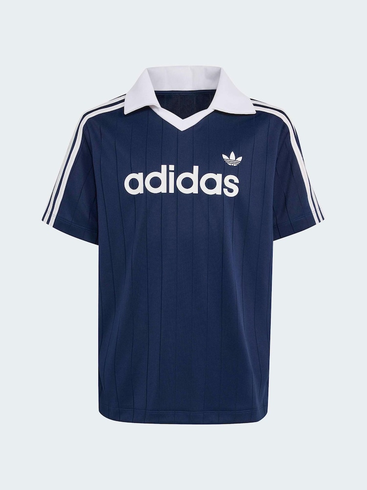 adidas Originals Blue Loose 3 Stripe Pinstripe Polo Top - Image 1 of 7