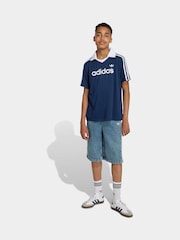adidas Originals Blue Loose 3 Stripe Pinstripe Polo Top - Image 2 of 7