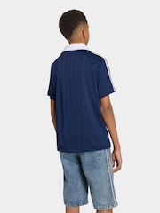 adidas Originals Blue Loose 3 Stripe Pinstripe Polo Top - Image 3 of 7