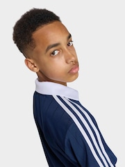 adidas Originals Blue Loose 3 Stripe Pinstripe Polo Top - Image 4 of 7