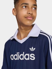 adidas Originals Blue Loose 3 Stripe Pinstripe Polo Top - Image 5 of 7