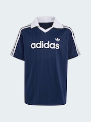 adidas Originals Blue Loose 3 Stripe Pinstripe Polo Top - Image 6 of 7