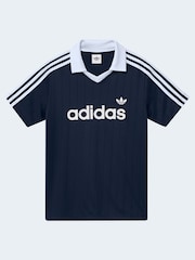 adidas Originals Blue Loose 3 Stripe Pinstripe Polo Top - Image 7 of 7