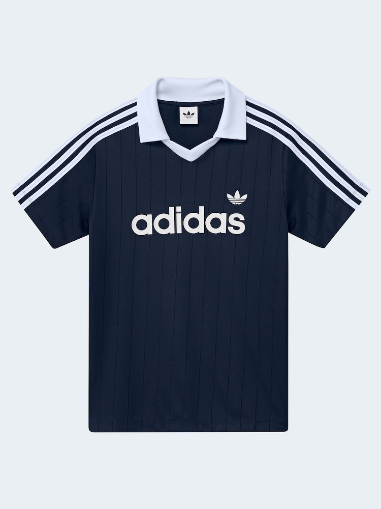 adidas Originals Blue Loose 3 Stripe Pinstripe Polo Top - Image 7 of 7