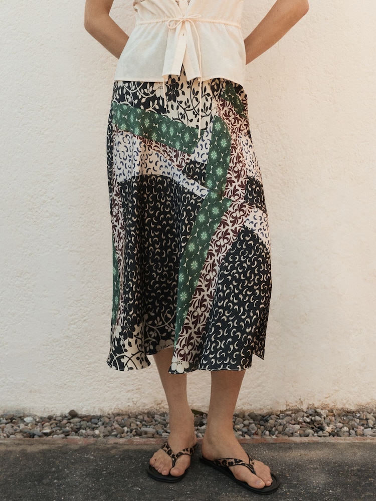 BHOEM Multi Patchwork Print Satin Midi Skirt - Image 2 of 6