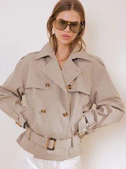 Friends Like These Olive Green Short Belted Trench Coat - Image 1 of 6