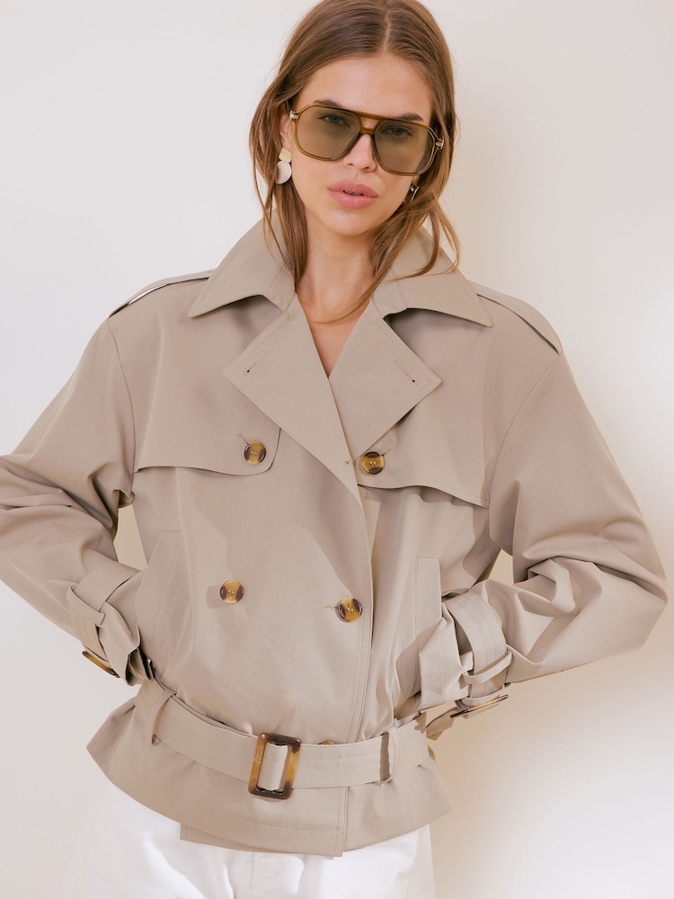Friends Like These Olive Green Short Belted Trench Coat - Image 1 of 6