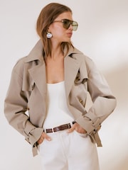 Friends Like These Olive Green Short Belted Trench Coat - Image 3 of 6