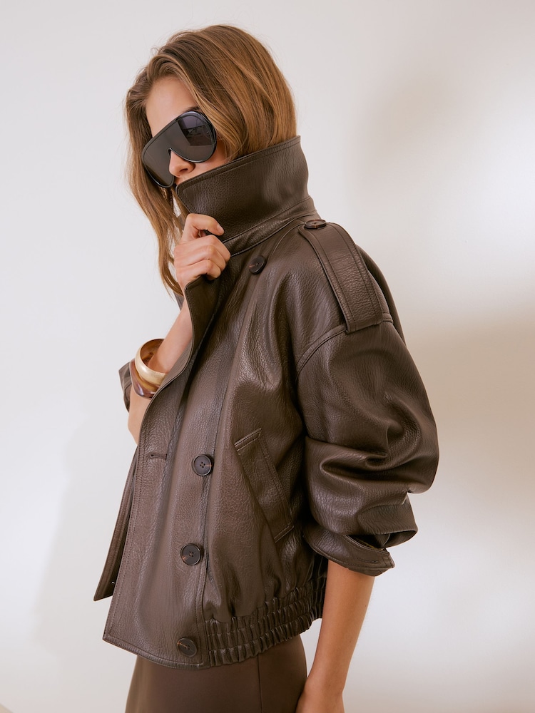 Friends Like These Chocolate Brown Faux Leather Bomber Jacket - Image 1 of 4 Friends Like These Chocolate Brown Faux Leather Bomber Jacket - Image 1 of 4