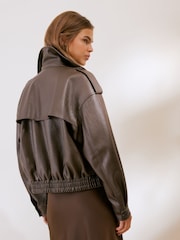 Friends Like These Chocolate Brown Faux Leather Bomber Jacket - Image 4 of 4